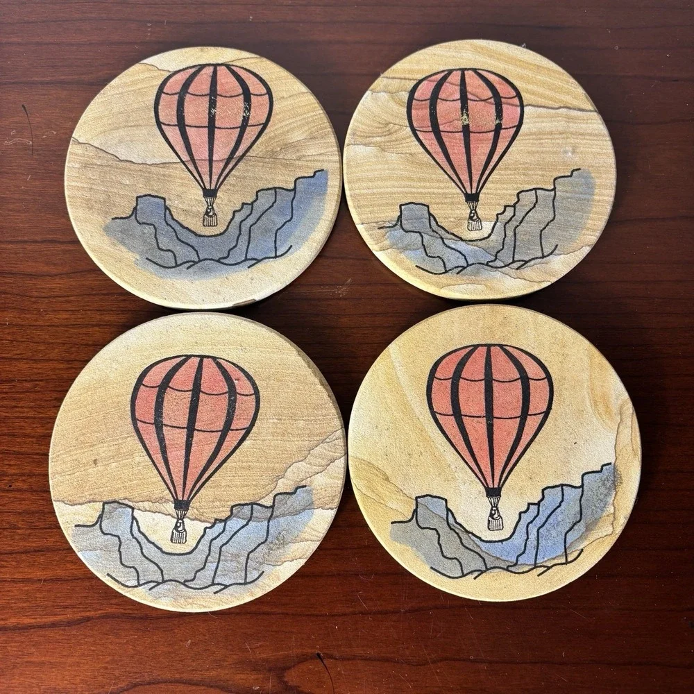 Set(4) Thirstystone Hot Air Balloon Coasters Natural Sandstone w/Cork Back